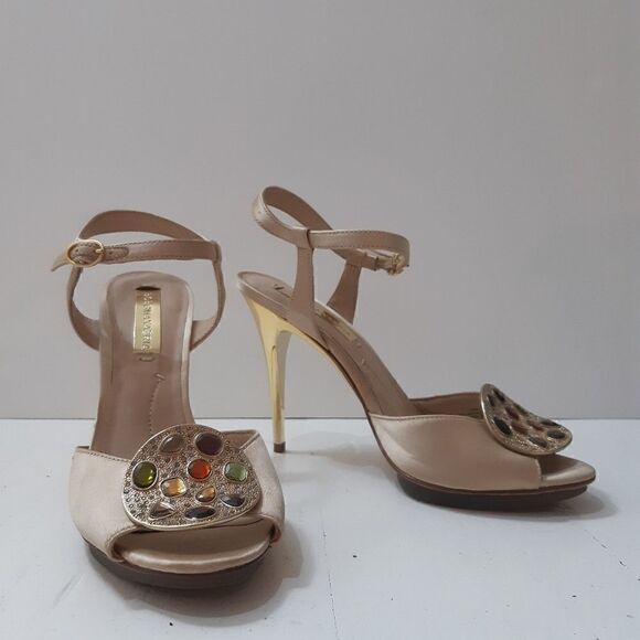 Like New BCBGMaxAzria Jewelled Creamy Satin Gold Heels - Picture 4 of 16